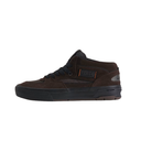 A dark brown suede and mesh mid-top skate shoe by Half Acre, featuring black laces, a black sole, and a small orange accent on the side logo patch.