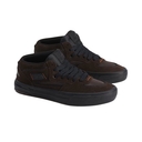 A pair of dark brown suede and mesh mid-top skate shoes with black laces, black soles, and subtle orange accent stitching, shown on a plain white background.