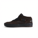 A dark brown suede and mesh mid-top skate shoe by Half Acre, featuring black laces, a black sole, and a small orange accent on the side logo.