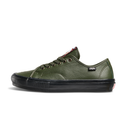 An olive green leather low-top sneaker with a black rubber sole, shown in a side profile on a white background.