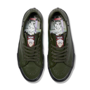 A pair of Vans low-top sneakers in olive green leather, shown from a top-down view on a white background. The shoes feature matching green laces, black rubber soles, and the signature Vans tongue patch.