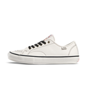 A white leather low-top sneaker with black laces, a black stripe along the midsole, and a small silver metal brand tag on the side, shown against a plain white background.