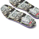 A pair of Vans Pop x KAWS shoe insoles featuring a collage print of KAWS characters and graffiti-style text, with purple textured edges and white Vans branding.