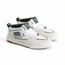 A pair of white skate shoes with dark green accents, featuring 'HALS & DICK' branding on the side and tongue, set against a plain white background.