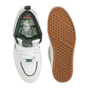 A pair of Vans Balto x Skate Pro sneakers shown from the top and side, featuring a white leather upper with dark green accents, white laces, and a brown gum rubber sole.