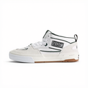 A white high-top skate shoe with black and green accents, featuring a prominent 'Half Casual' patch on the side, a white rubber midsole, and a brown gum outsole, shown against a plain white background.