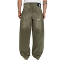 Green baggy pants with a brand label on a white background