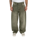 Person wearing olive green jeans on a white background