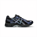 A single ASICS running shoe in navy blue, black, and metallic silver, shown from the side against a plain white background.