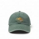 A green baseball cap with a gold embroidered fish logo on the front, set against a plain white background.