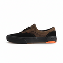 Brown and black sneaker with orange sole on a white background