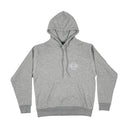 Gray hoodie with a small logo on the chest against a white background