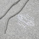 Gray hoodie with white embroidered design on the chest