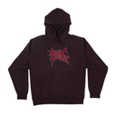 Black hoodie with red graphic design on a white background