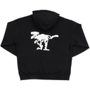 Black hoodie with white dinosaur design on the back against a white background