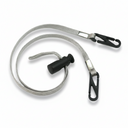 Metal leash with black clip and carabiner on a white background