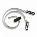 Metal leash with black clip and carabiner on a white background