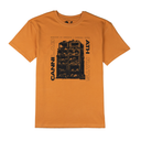 Orange t-shirt with black graphic design and text on a white background