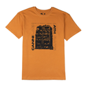 Orange t-shirt with black graphic design and text on a white background