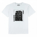 White t-shirt with black graphic design and text on a white background