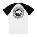 Black and white baseball shirt with a logo on a white background