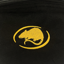 Close-up of a black woven fabric item with a yellow embroidered mouse logo inside an oval outline.