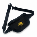 A black fabric waist bag with an adjustable black webbing strap and a yellow embroidered logo of a bearded dragon on the front, shown on a plain white background.