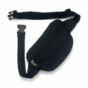 A black fabric waist bag with an adjustable webbing strap and plastic buckle, shown on a plain white background.