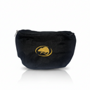 A black canvas zippered pouch featuring an embroidered gold seal logo of a fisherman holding a spear on the front, set against a plain white background.