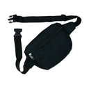 Black waist bag with strap on a white background