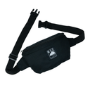 Black waist bag with a visible brand logo on a white background