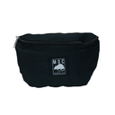Black waist bag with a logo on a white background