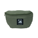 Green waist bag with a visible brand logo on a white background