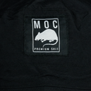 Black jacket with a white embroidered patch featuring a rat and text on a black background