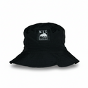 Black bucket hat with a logo on a white background