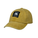 Yellow cap with a black patch featuring a logo on a white background