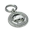 Silver keychain with circular design and 'Ministry of Concrete Athens' text on a white background