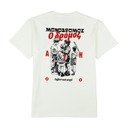 White t-shirt with black and red graphic design on the back