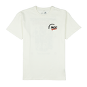White t-shirt with a logo on the chest against a white background