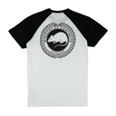 Black and white baseball shirt with a logo on a white background