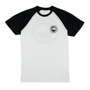 White baseball shirt with black sleeves featuring a logo on a white background