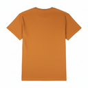 Orange t-shirt with black graphic design and text on a white background