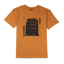 Orange t-shirt with black graphic design and text on a white background