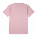 Pink t-shirt with black graphic design and text on a white background