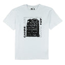 White t-shirt with black graphic design and text on a white background